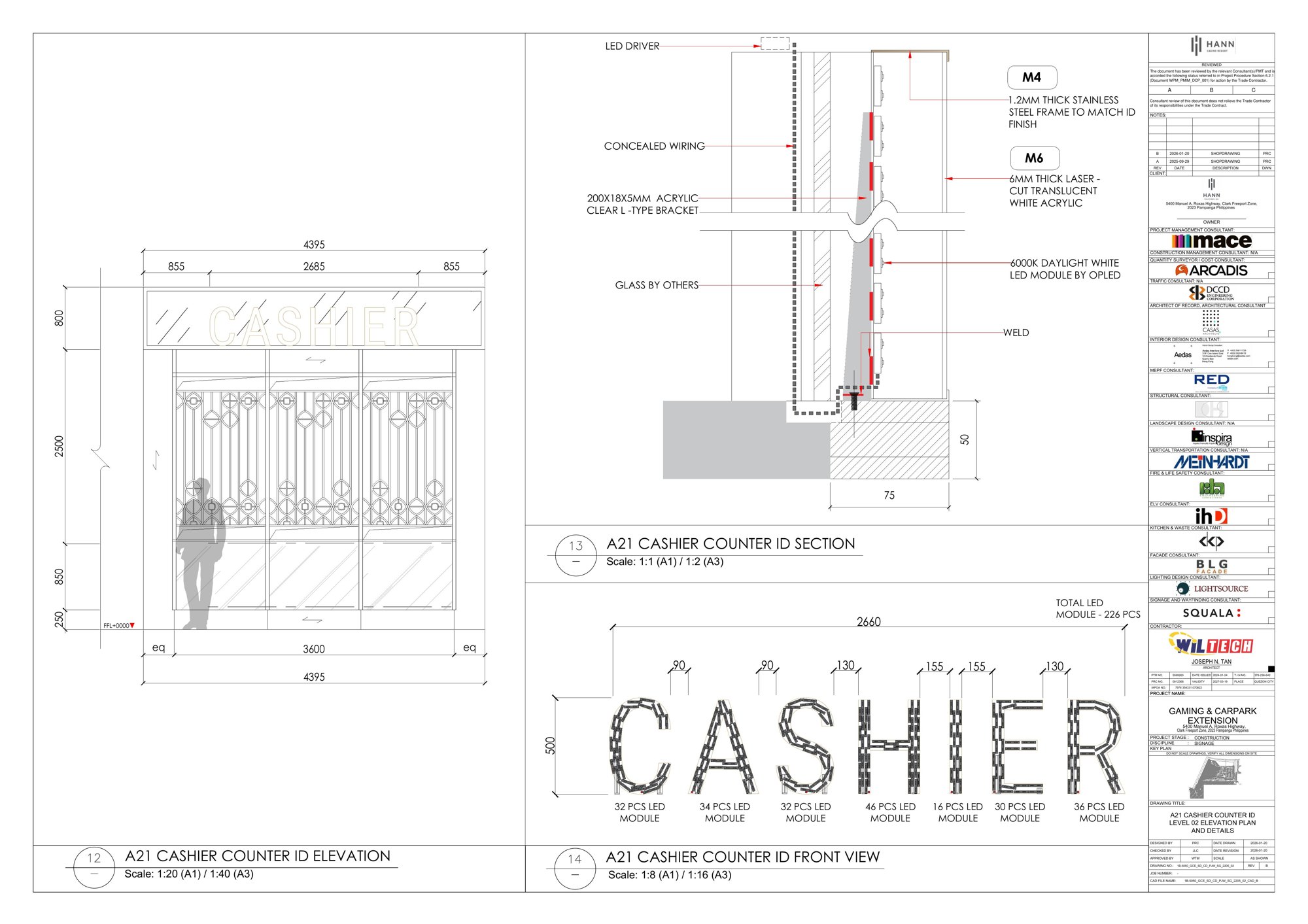 The Cashier shop drawing: elevation, section, and LED module layout