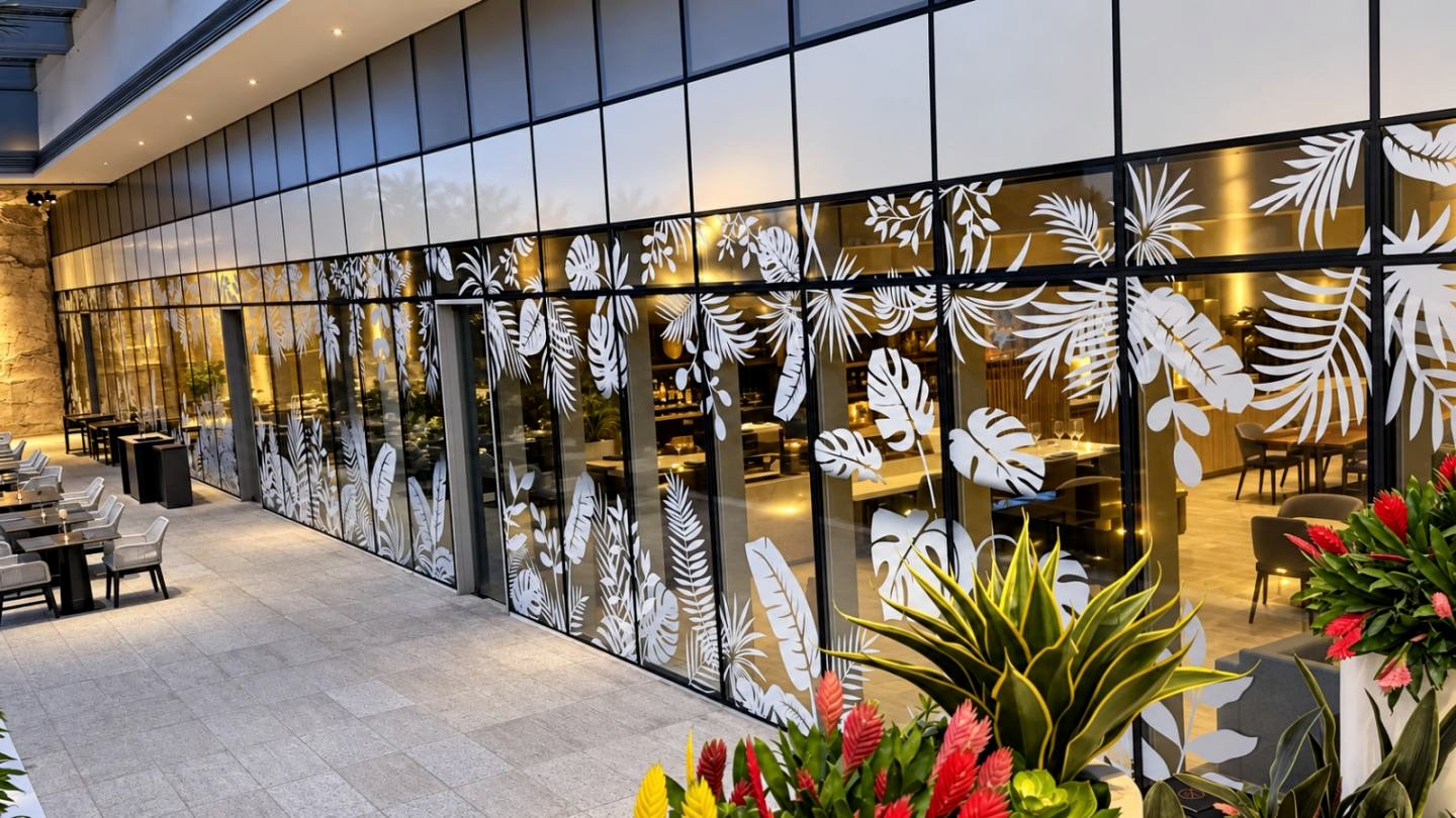 Goji glass curtain wall with frosted tropical leaf graphics at dusk