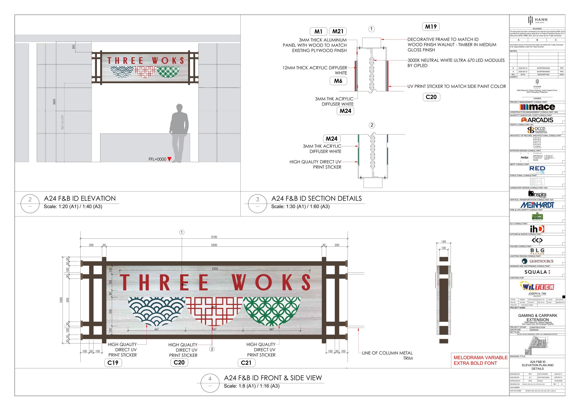 Three Woks issued shop drawing: elevation, section details, and dimensions